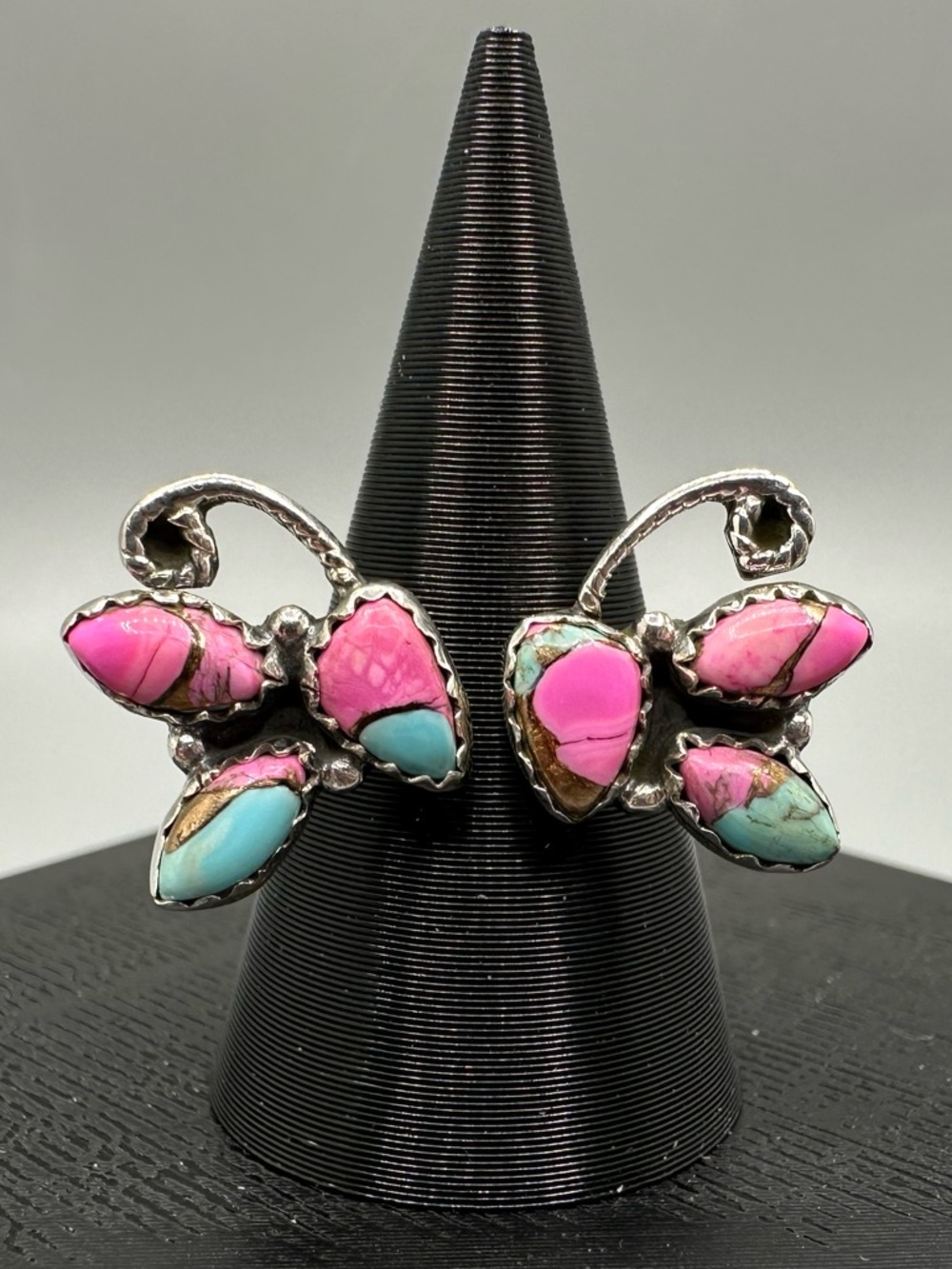 Cotton Candy Dahlia Turquoise Sterling Silver 925 Floater Bypass Ring Butterfly